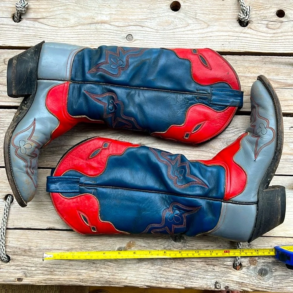 Vintage Laramie Handmade Western Boots Tri Color Red Blue Gray Leather Size 7 - Picture 17 of 17